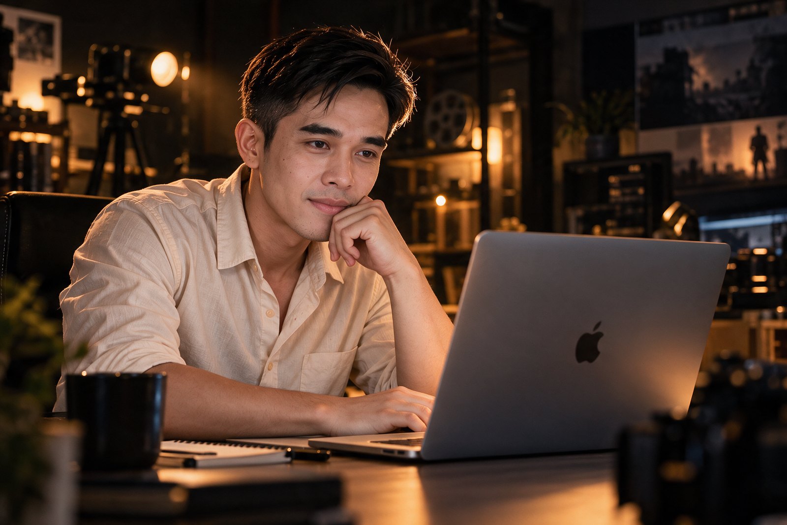 Ung Sambath working on his AI film at a laptop