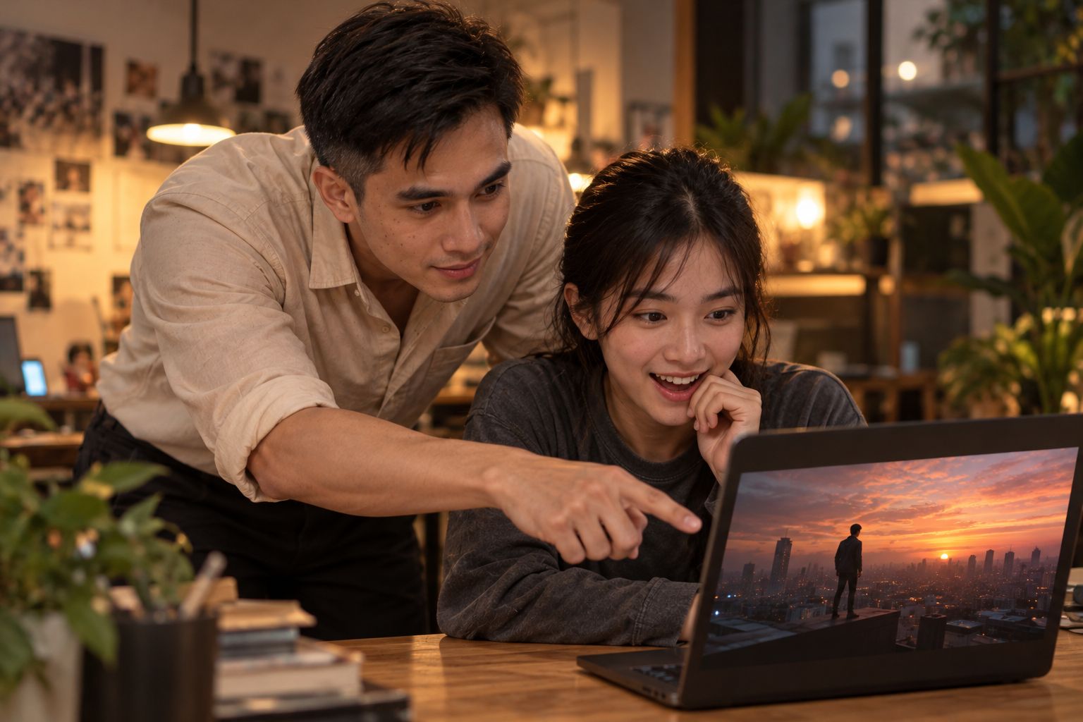 Ung Sambath helping a student with her AI film on a laptop