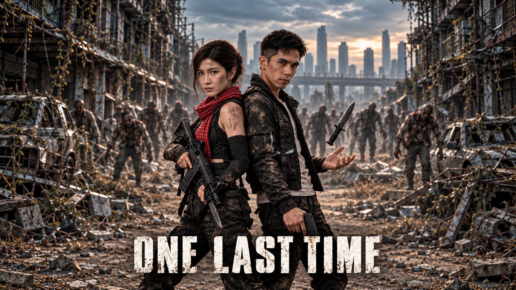 ONE LAST TIME film poster, two survivors in a ruined Phnom Penh