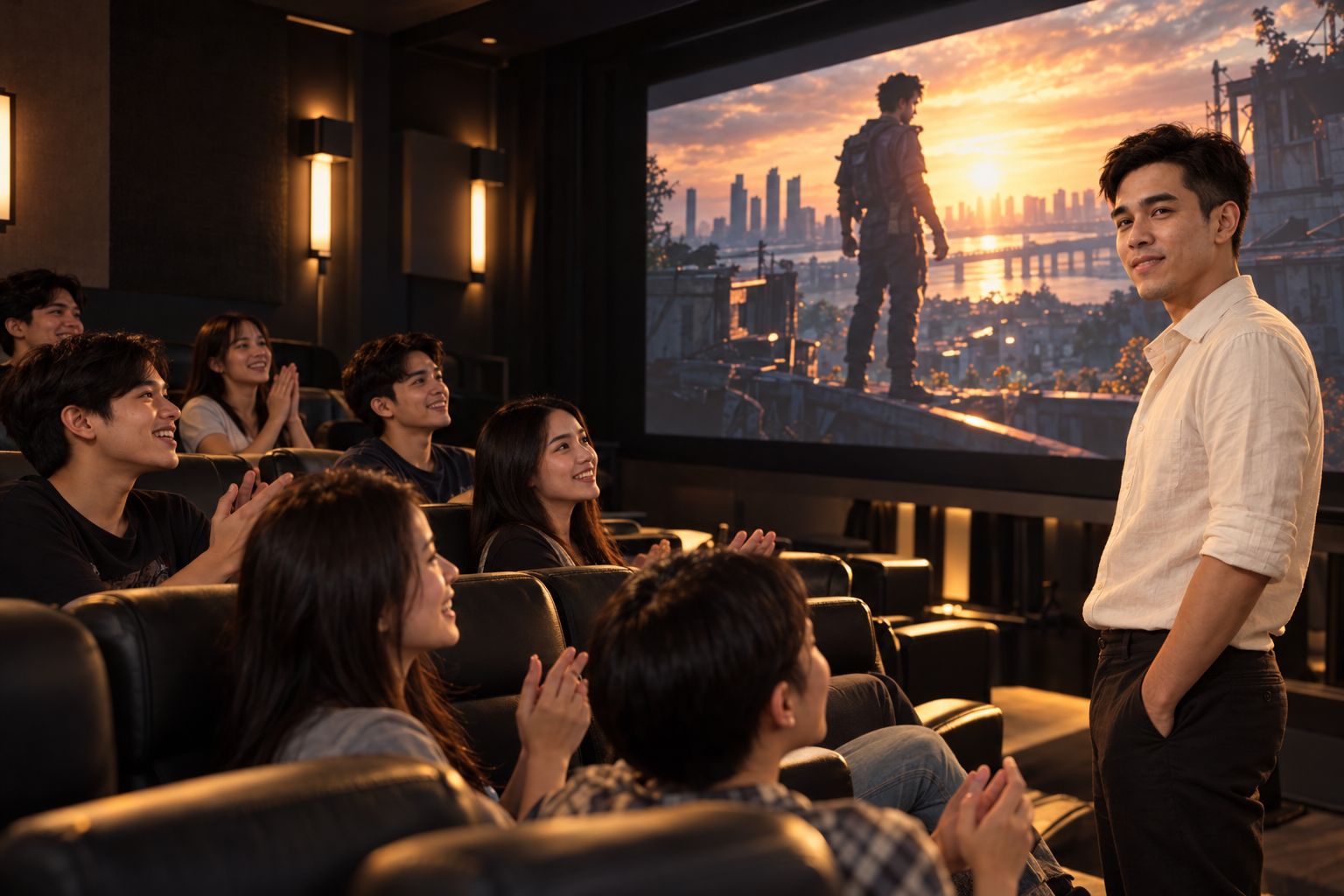 Students clapping while watching their film on a cinema screen