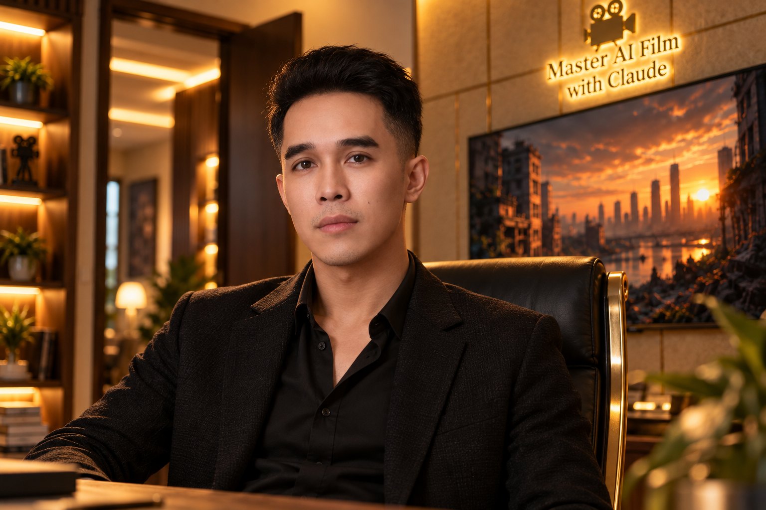 Ung Sambath in his office under the Master AI Film with Claude sign