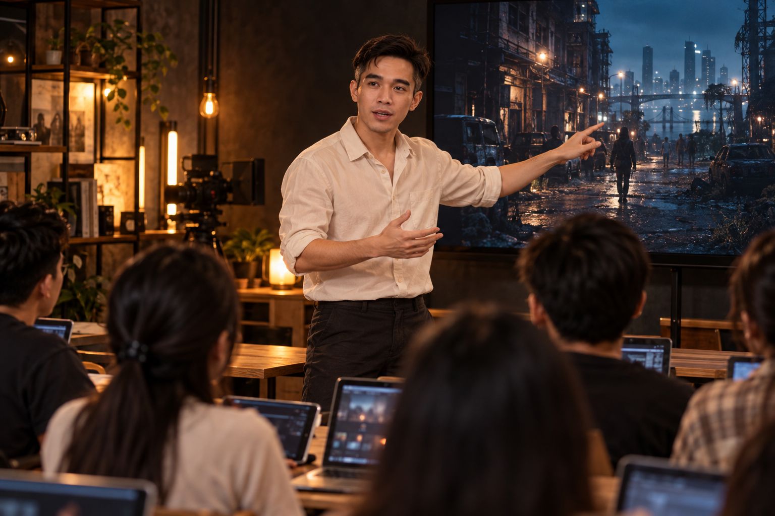 Ung Sambath teaching a class in front of a big screen